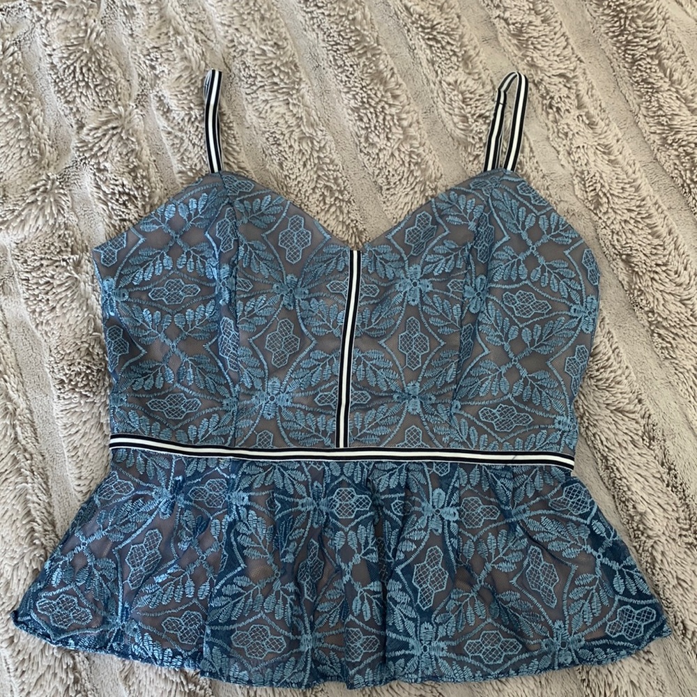 Devlin S Blue Floral Lace Babydoll Cropped Tank-top